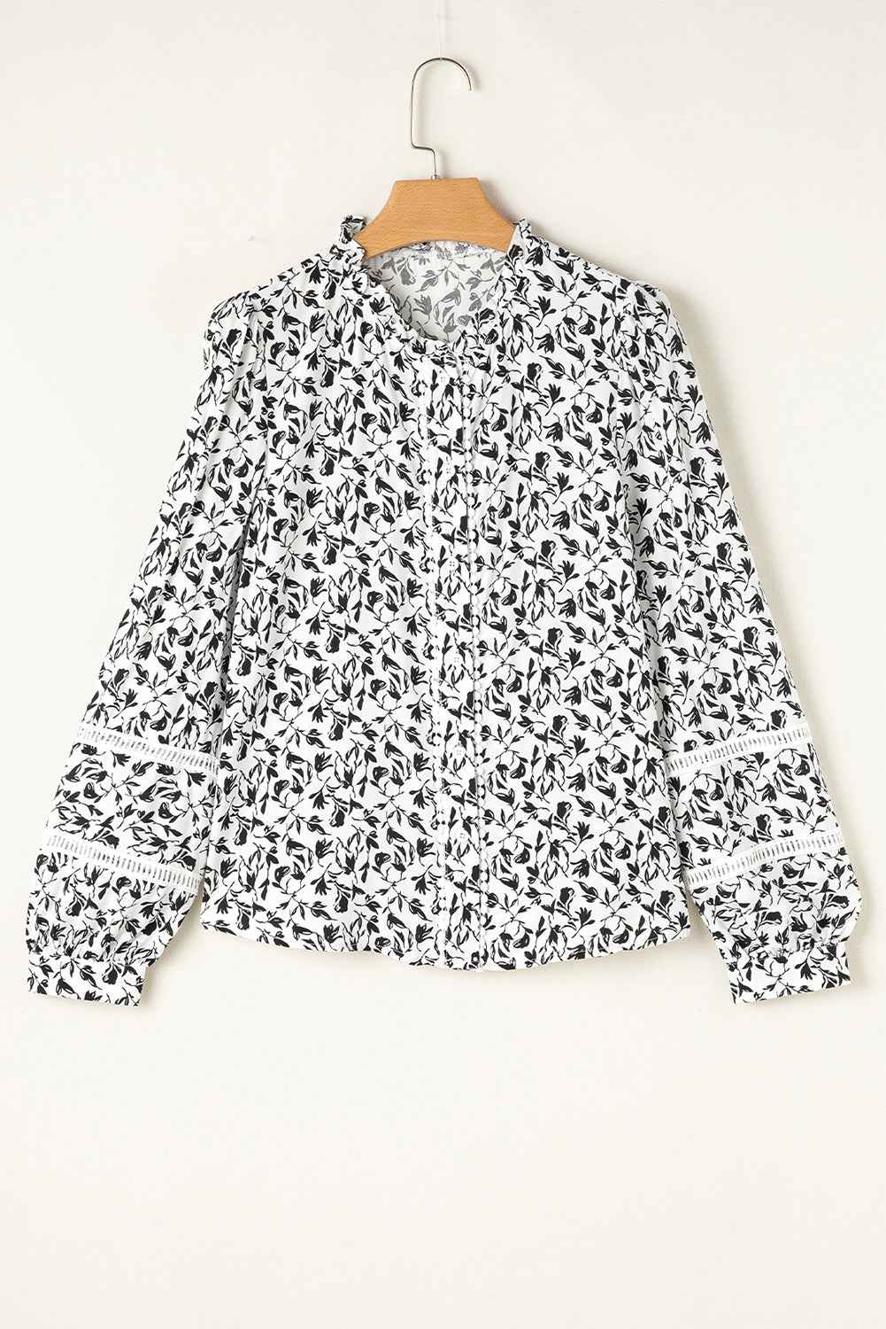 Black Printed Lace Detail Floral Puff Sleeve Fall Shirt
