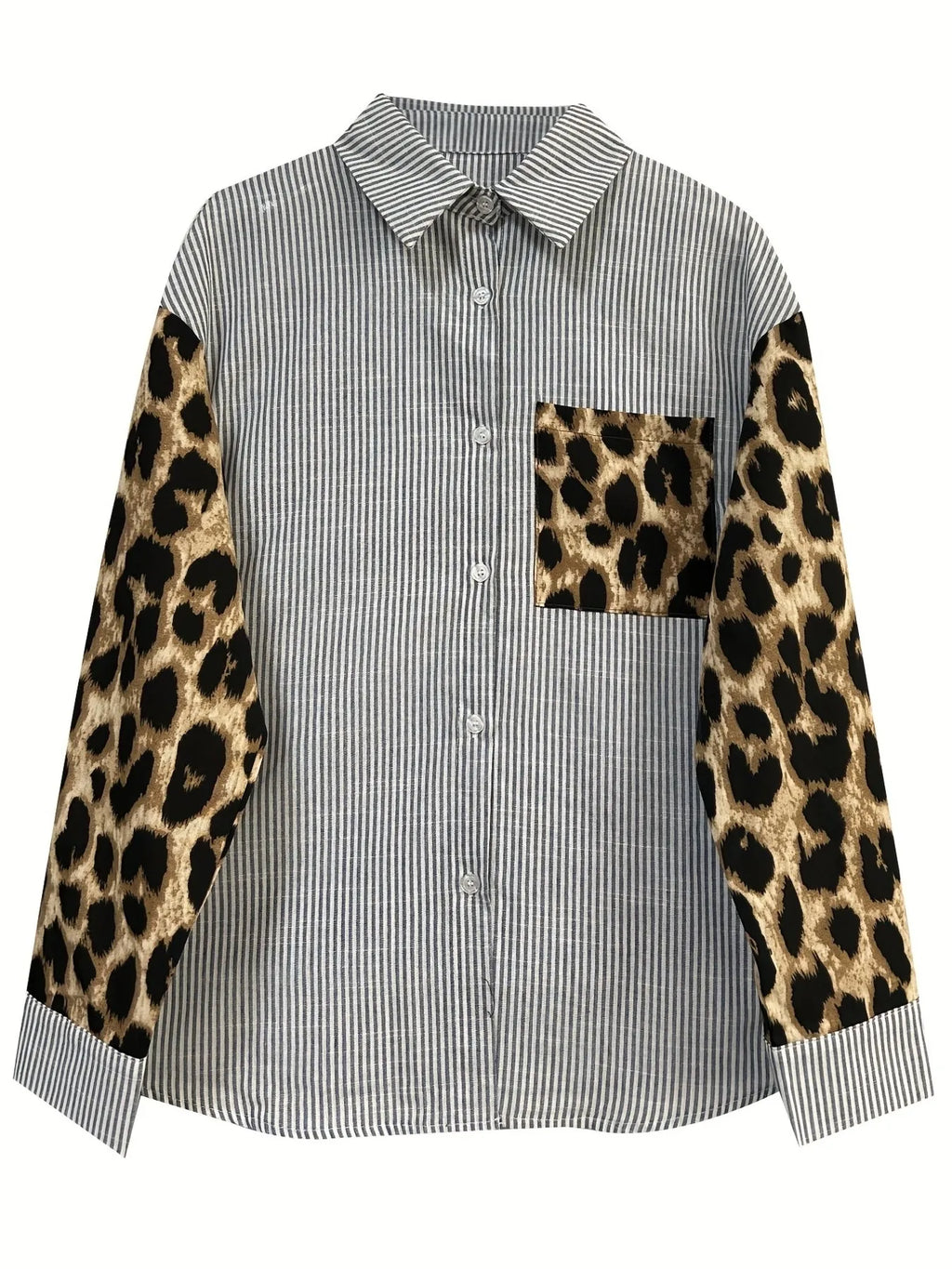 Leopard Print Sleeve Striped Button-Down Shirt.