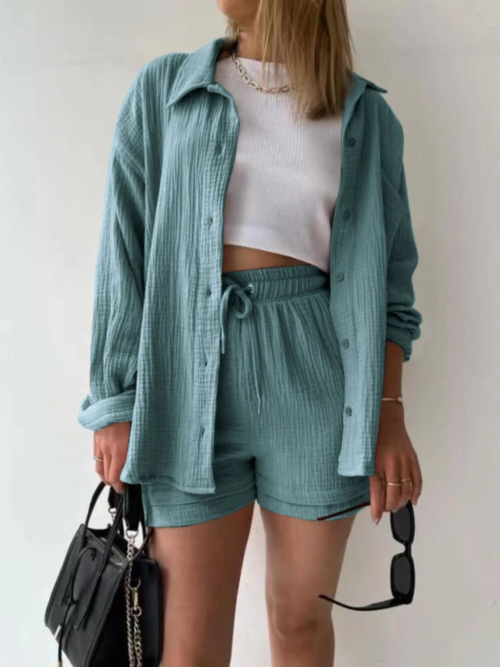 Textured Button Up Shirt and Shorts Set.