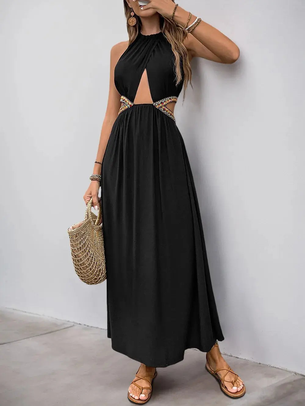 Perfee Cutout Grecian Neck Tied Back Dress.