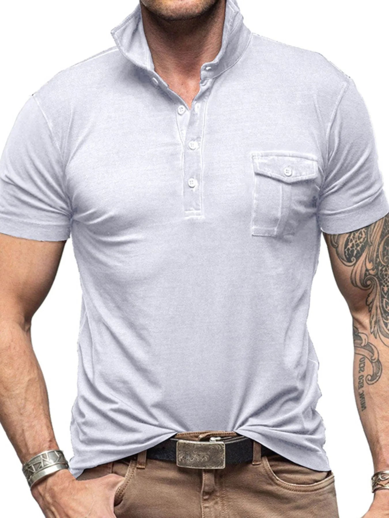 Men's Classic Pocket Polo Shirt with Stand Collar.