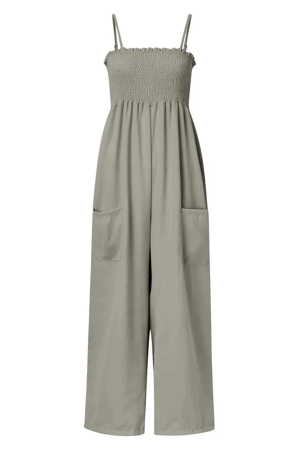 Smocked Spaghetti Strap Wide Leg Jumpsuit.