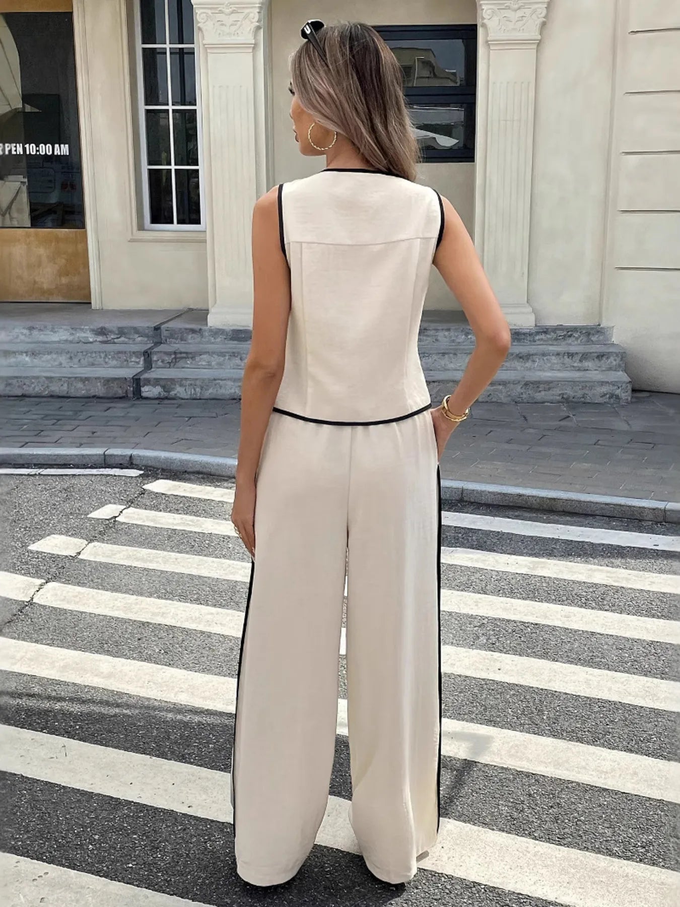 Casual Button-Up Tank and Wide-Leg Pants Set.