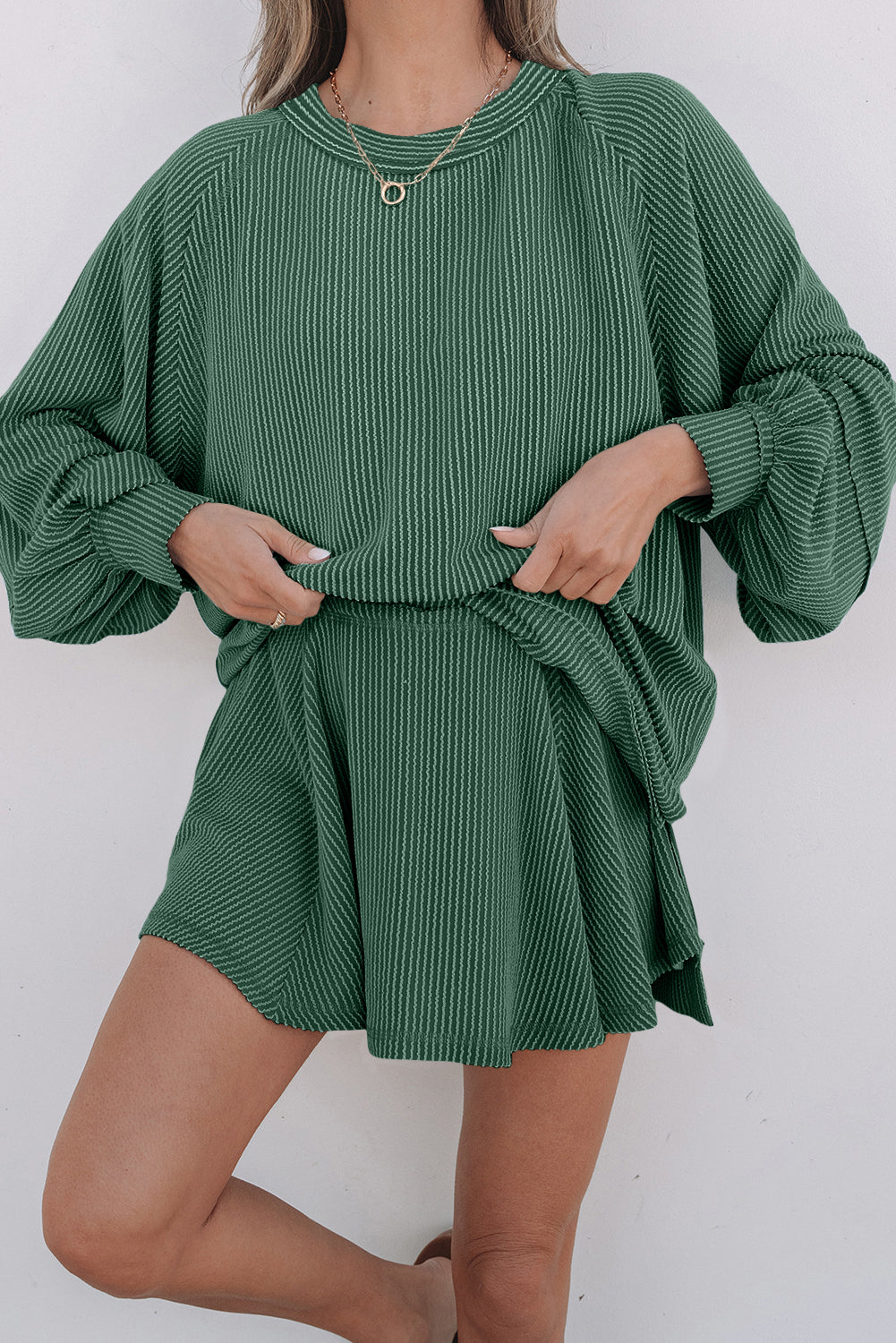 Mist Green Corded Lantern Sleeve Top High Waist Ruffled Mini Skirt Set Dear-Lover Dropshipping