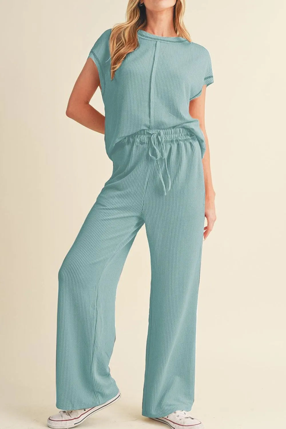 Solid Color Corded Short Sleeve Top and Casual Pants Set.