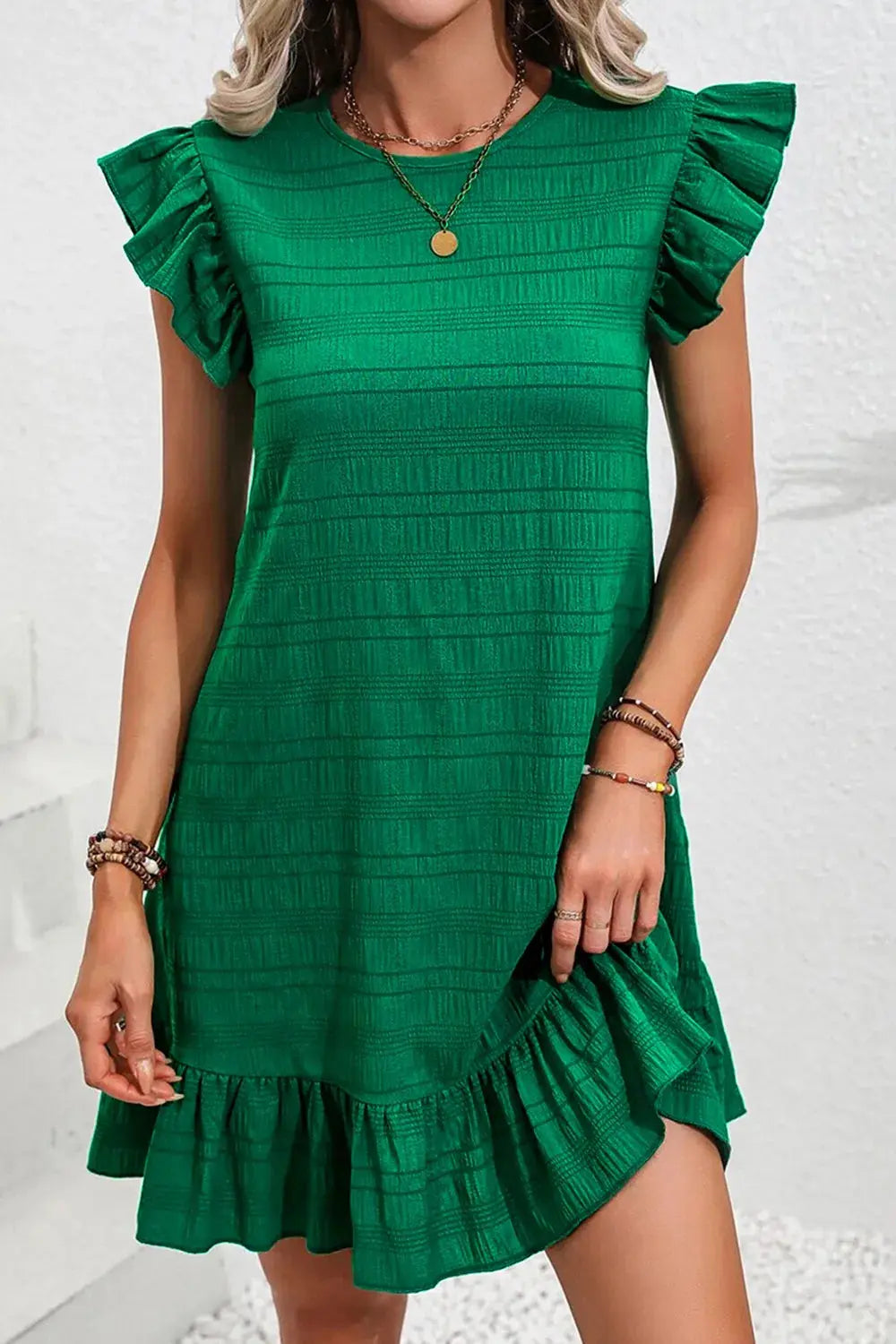 Ruffled Round Neck Cap Sleeve Dress.