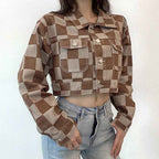 Women's Vintage Plaid Print Short Denim Jacket — Korean Style Loose Fit