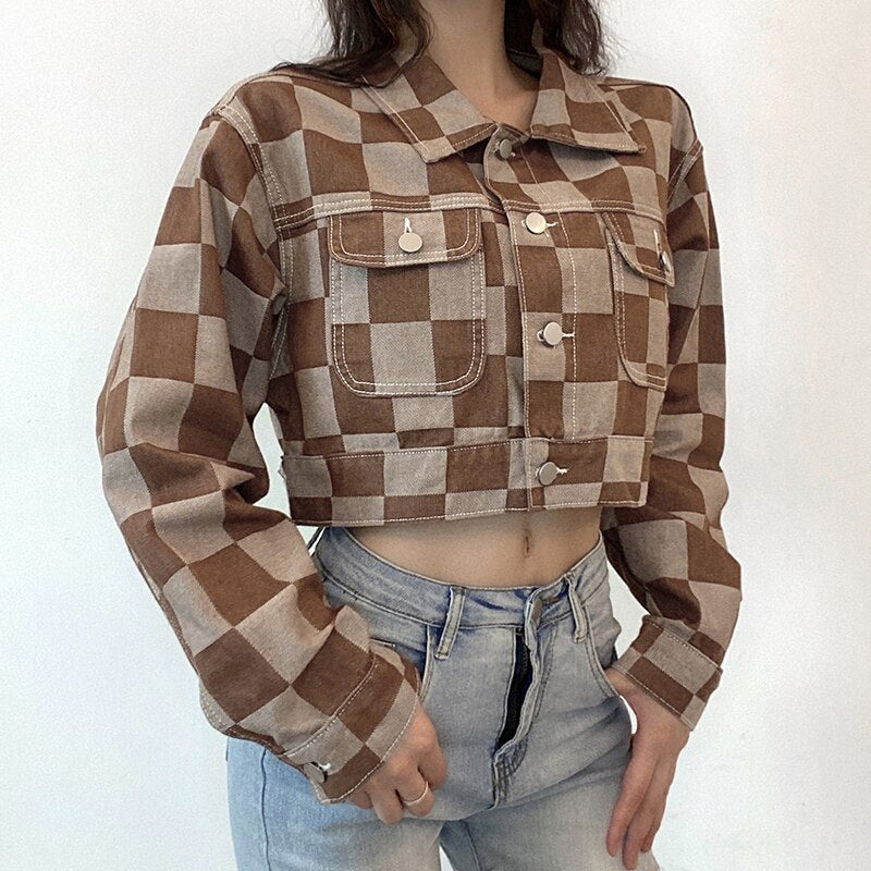 Vintage Brown Plaid Print Short Denim Jacket Women Korean Style Button Loose Jeans Coat Autumn Harajuku Outerwear 90s Iamhotty eprolo