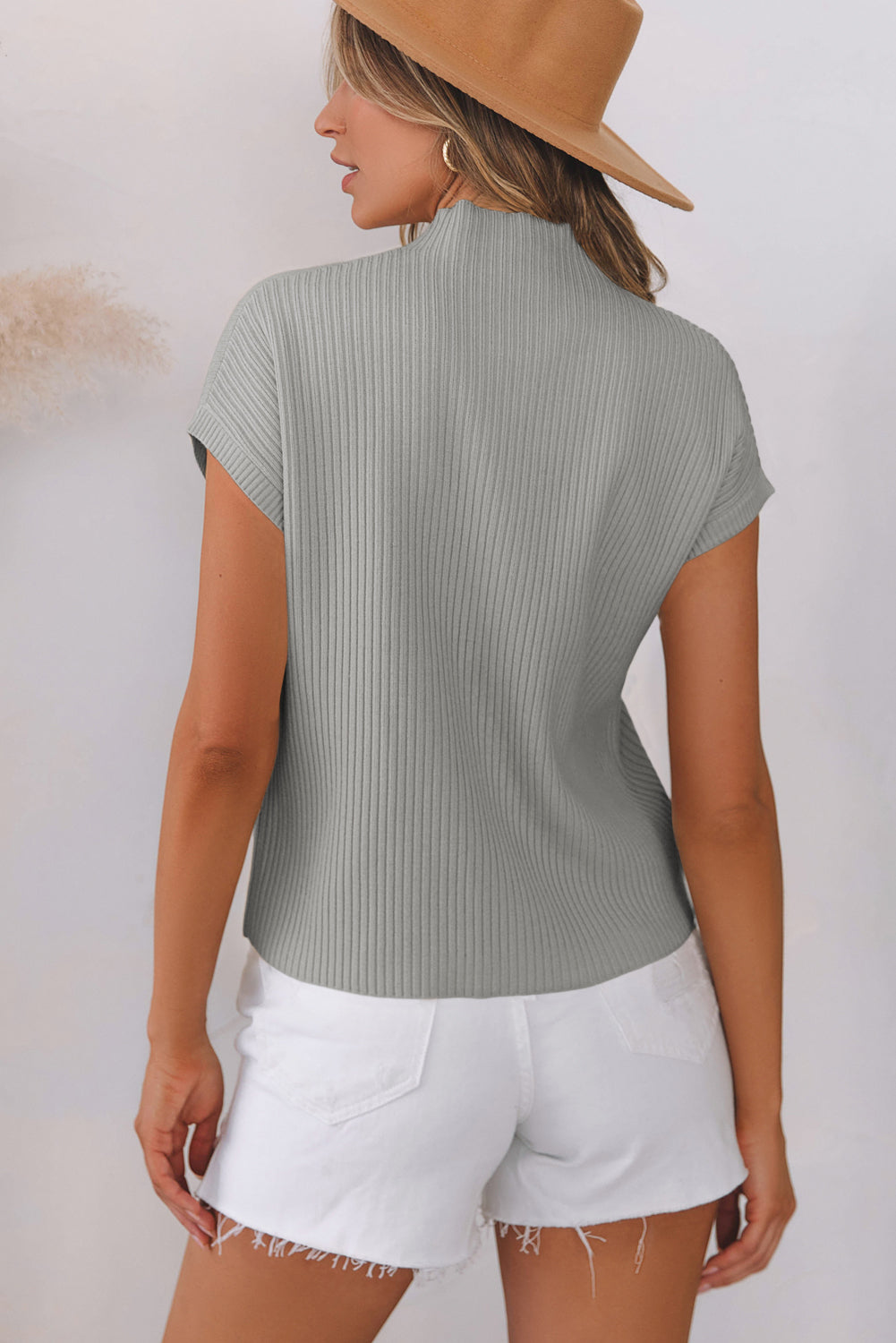Gray Patch Pocket Ribbed Knit Short Sleeve Sweater Dear-Lover Dropshipping