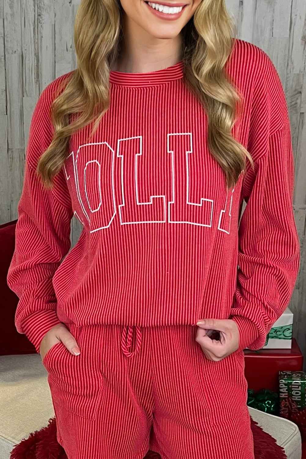 Racing Red Twisted Rib Outlined Merry Letter Graphic Loose Long Sleeve Top