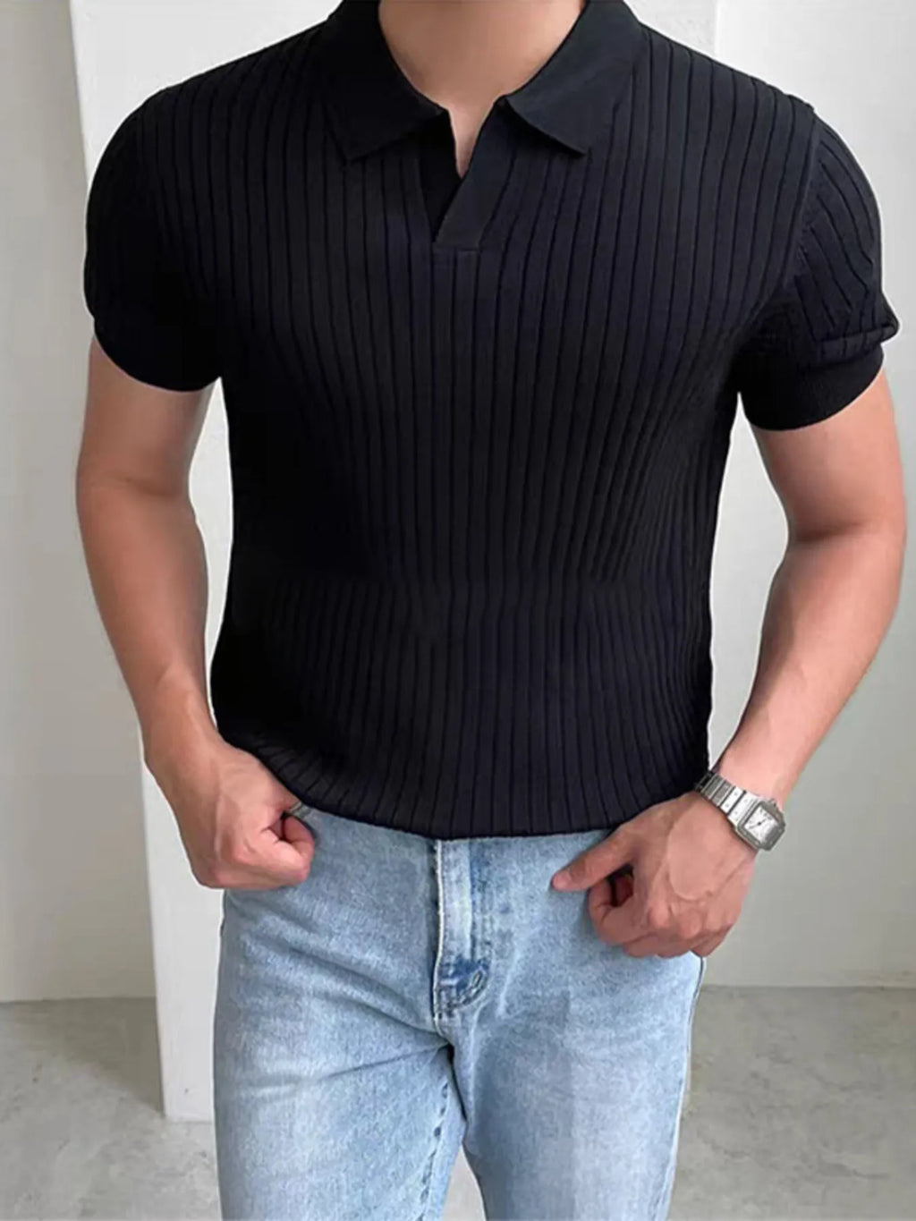 Men's Full Size Ribbed Short Sleeve Polo Plus Size.