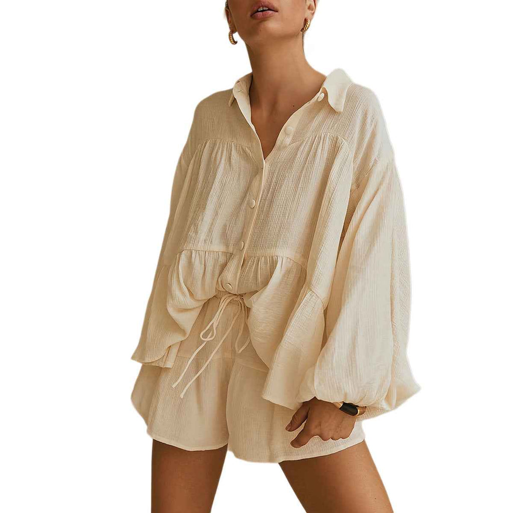 Lantern Sleeve Shirt and Shorts Set for Women, Loose Belted Casual Vacation Two-Piece Outfit