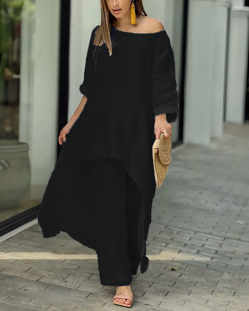 Cotton Linen Long Sleeve Irregular Hem Loose Fit Women's Two-Piece Set Top &amp; Wide-Leg Pants