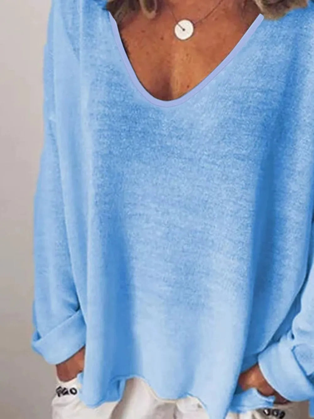 Full Size V-Neck Drop Shoulder Long Sleeve T-Shirt Plus Size.
