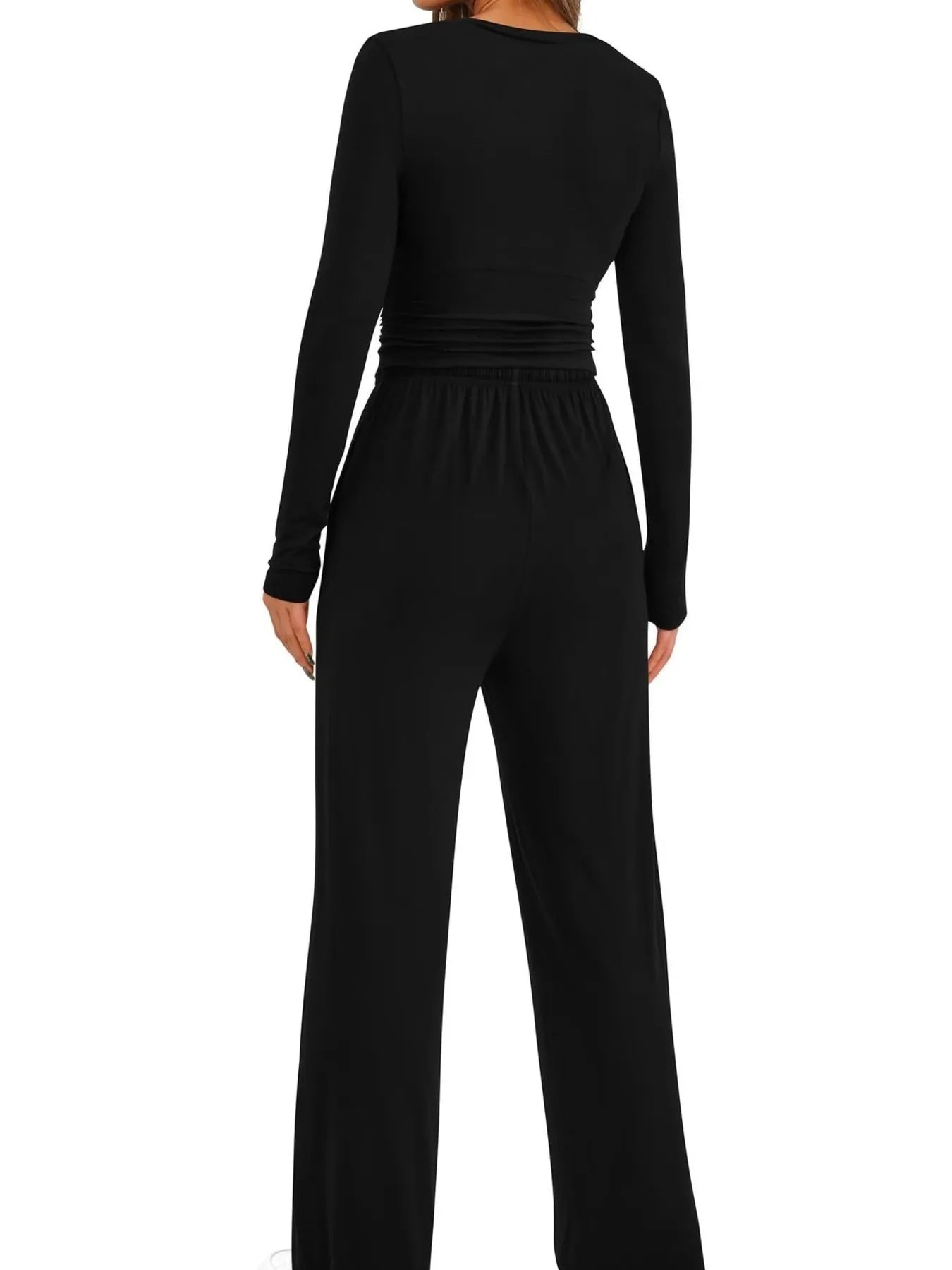 Round Neck Long Sleeve Top and Pants Set.