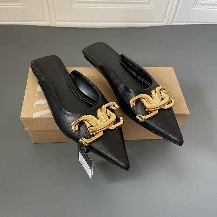 Button pointed flat bottomed wrapped half slippers and sandals for women