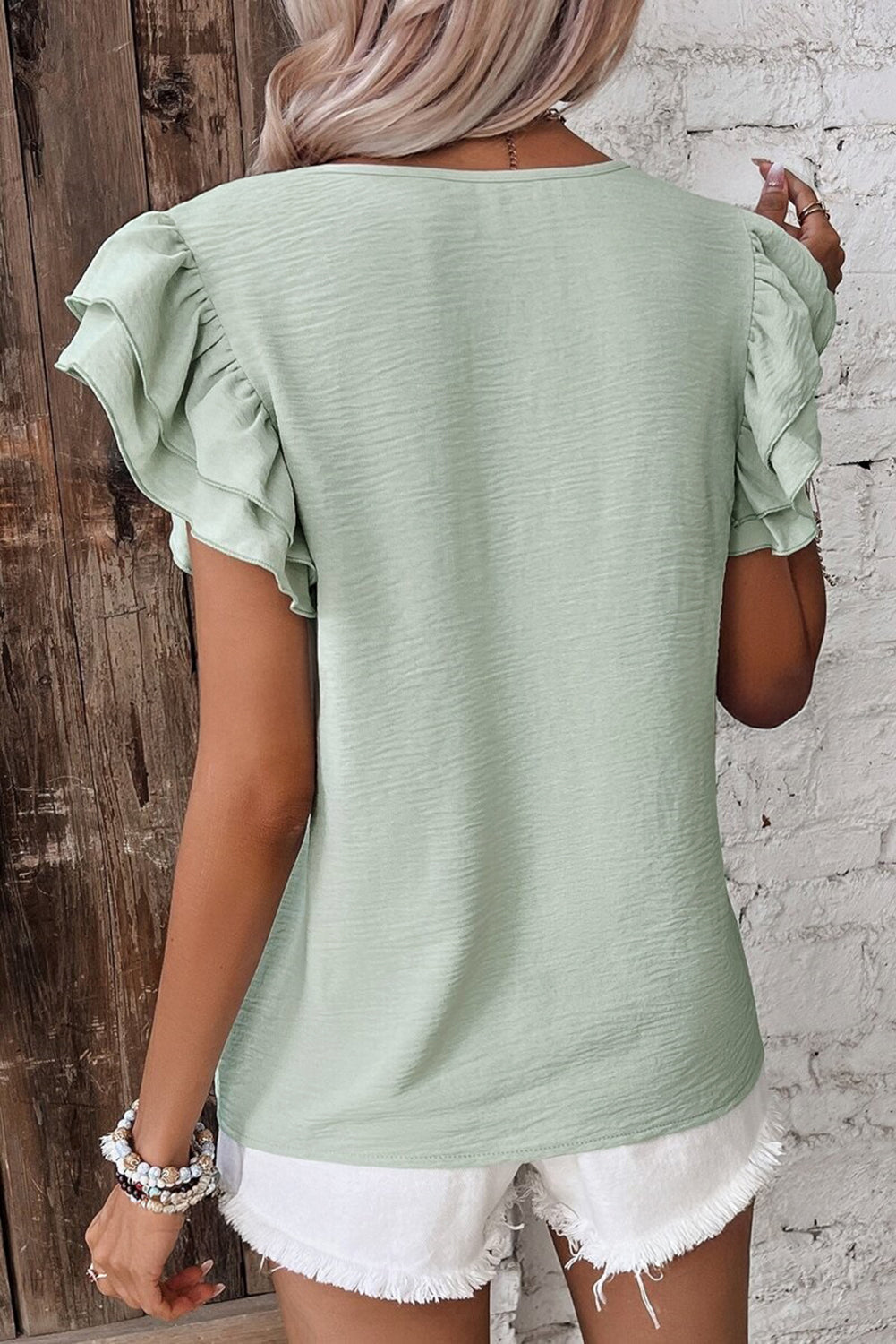 Clearly Aqua Solid Color Ruffled Short Sleeve Casual Blouse Dear-Lover Dropshipping