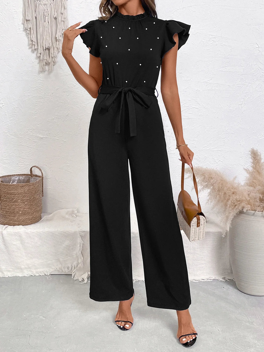 Pearl Detail Ruffled Cap Sleeve Jumpsuit.