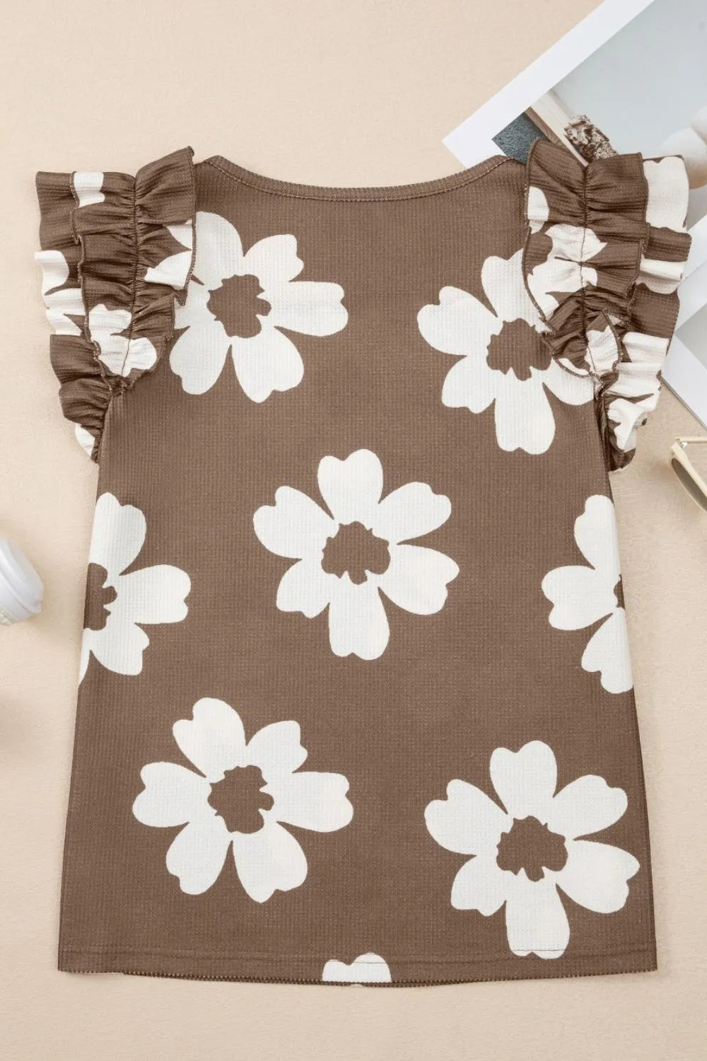 Floral Textured Ruffled Cap Sleeve Blouse.