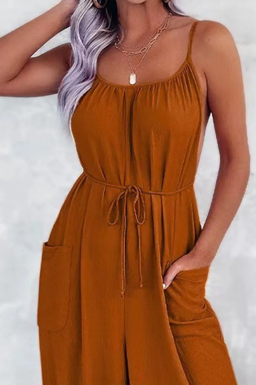 Strap Wide Leg Jumpsuit with Pockets.