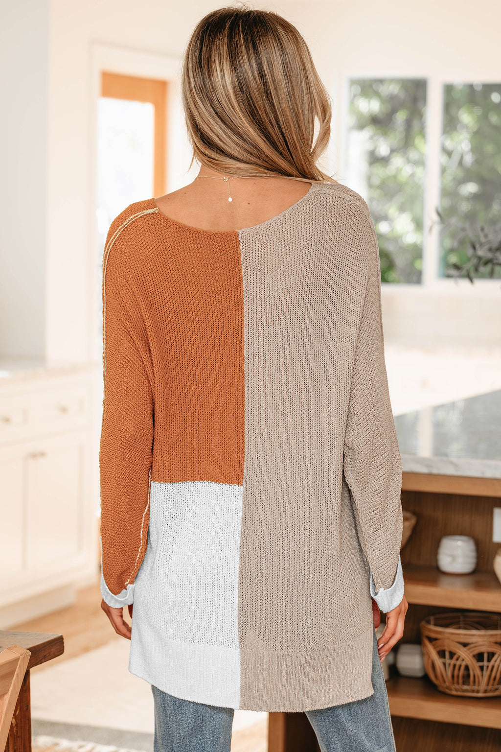 Chestnut Color Block Knit V Neck Loose Sweater