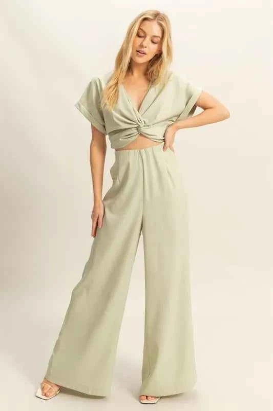 Twisted Front Short Sleeve women Top and Wide Leg Pants Set