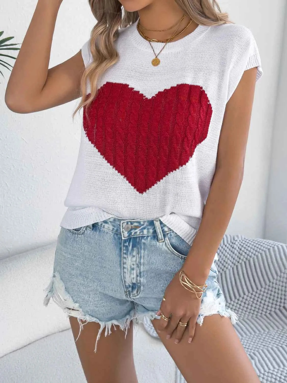 Cable Knit Heart Round Neck Cap Sleeve Knit Top.