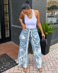 High-Waist Jeans for Women, Fashionable and Unique Pleated Brushed Edge Straight Leg Pants eprolo