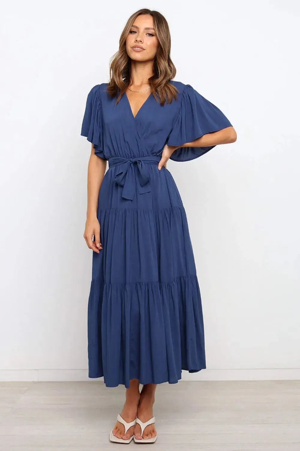 Front Tie Short Sleeve Tiered Midi Dress.