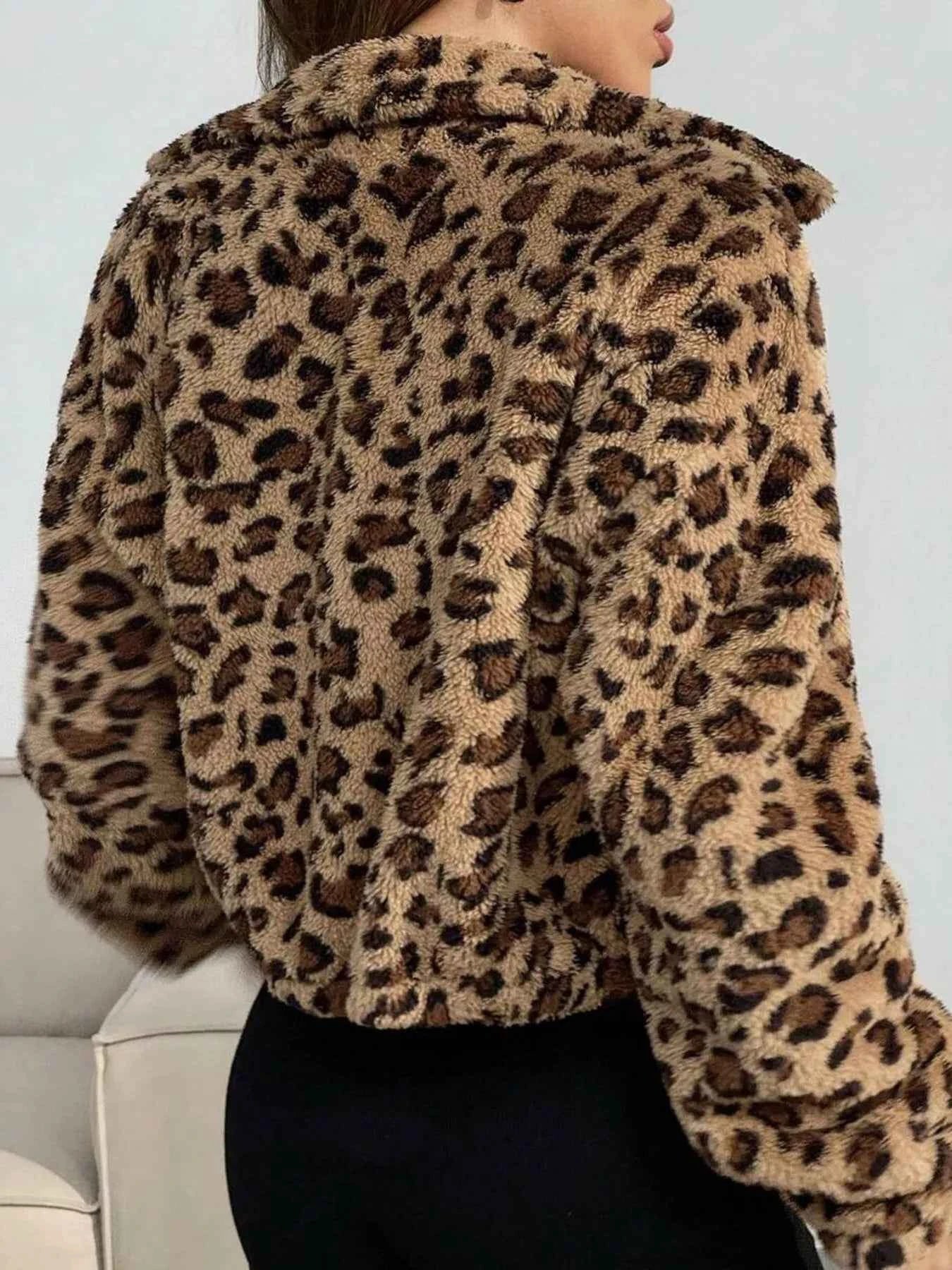 Leopard Print Fuzzy Cropped Jacket
