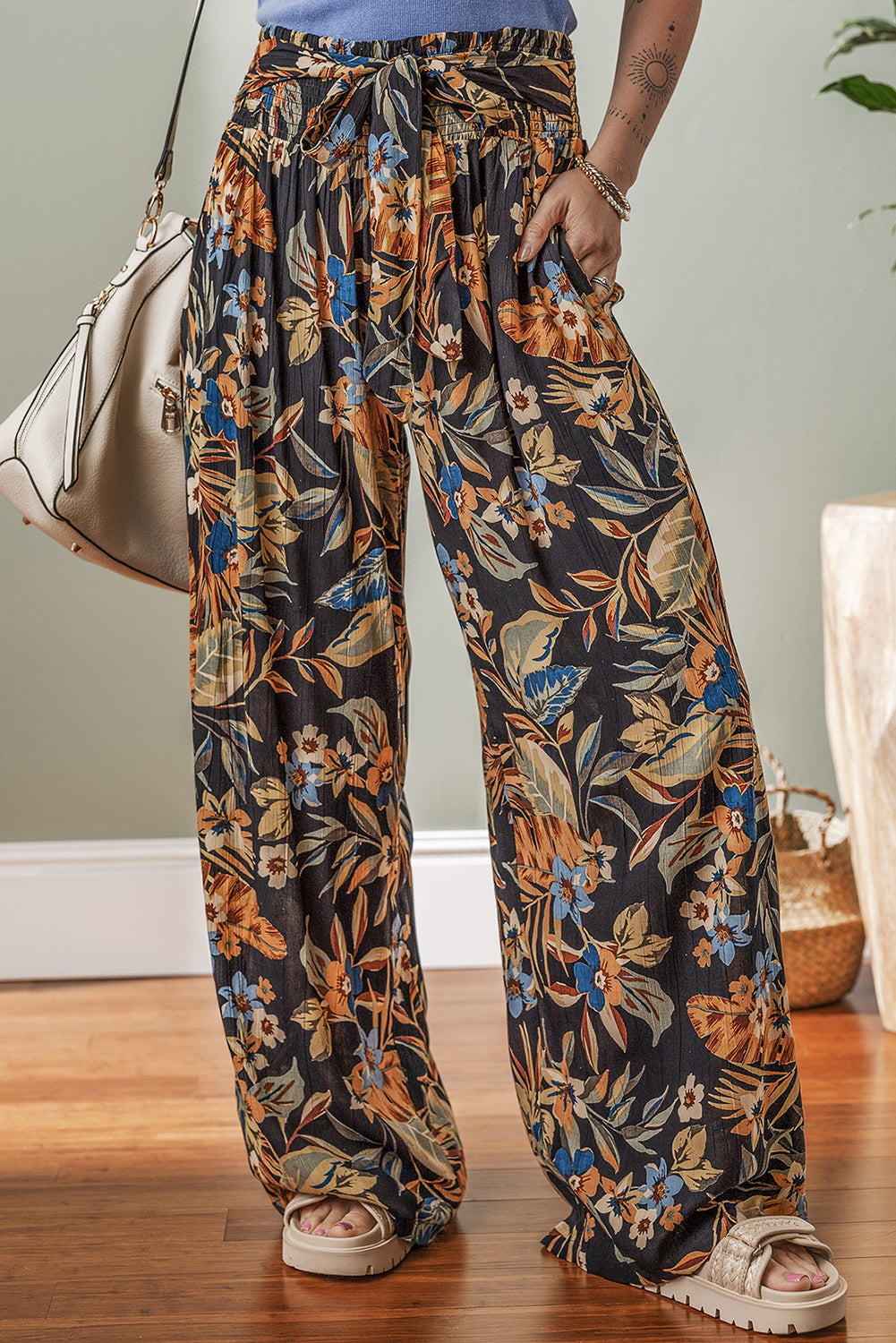 Multicolour Floral Shirred High Waist Wide Leg Pants with Tie Dear-Lover Dropshipping