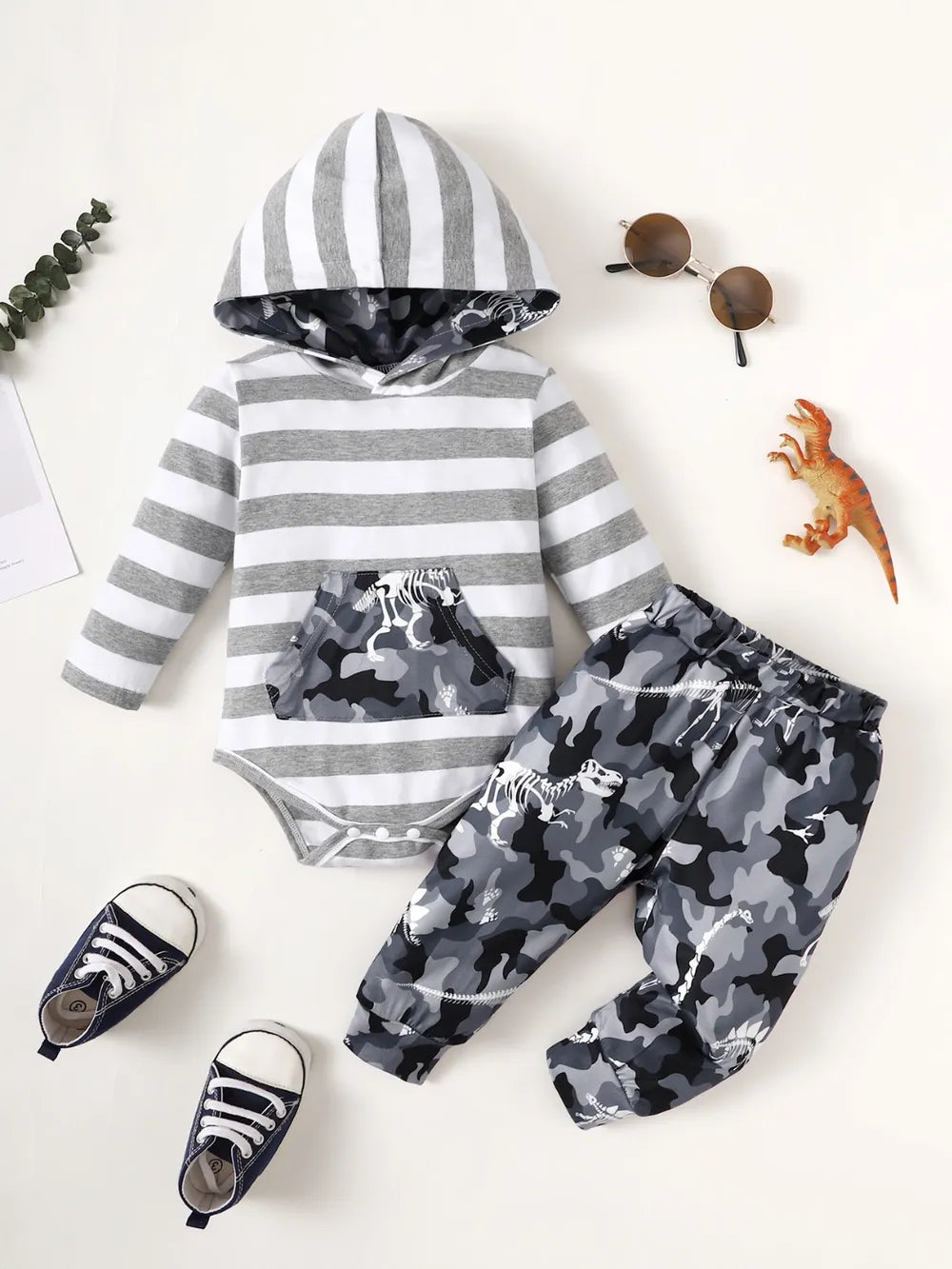 Children's Striped Hooded Bodysuit and Camouflage Pants Set.