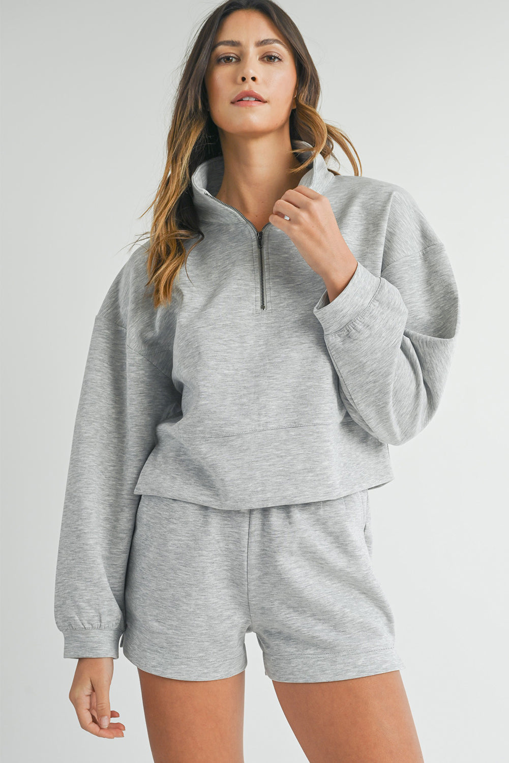 Light Grey Stand Neck Zipped Sweatshirt and Shorts Set Dear-Lover Dropshipping