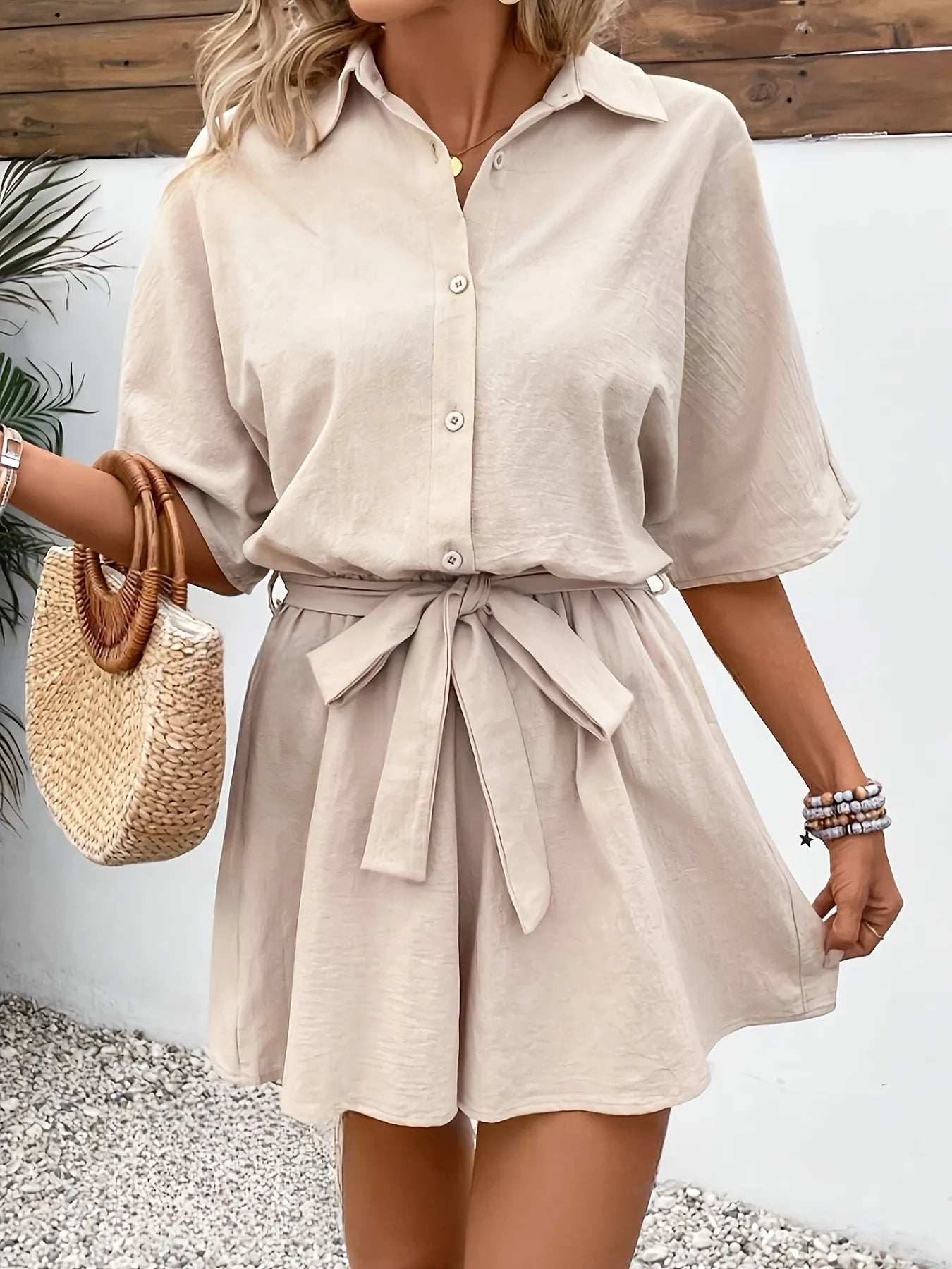 Button Front Tie Waist Romper.