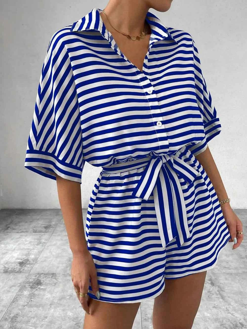 Tie Waist Half Button Striped Romper