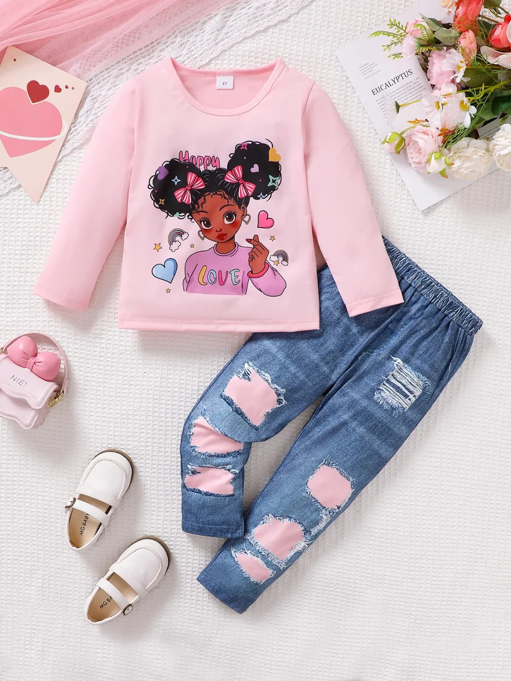 Children's Cartoon Graphic Top and Pants Set.