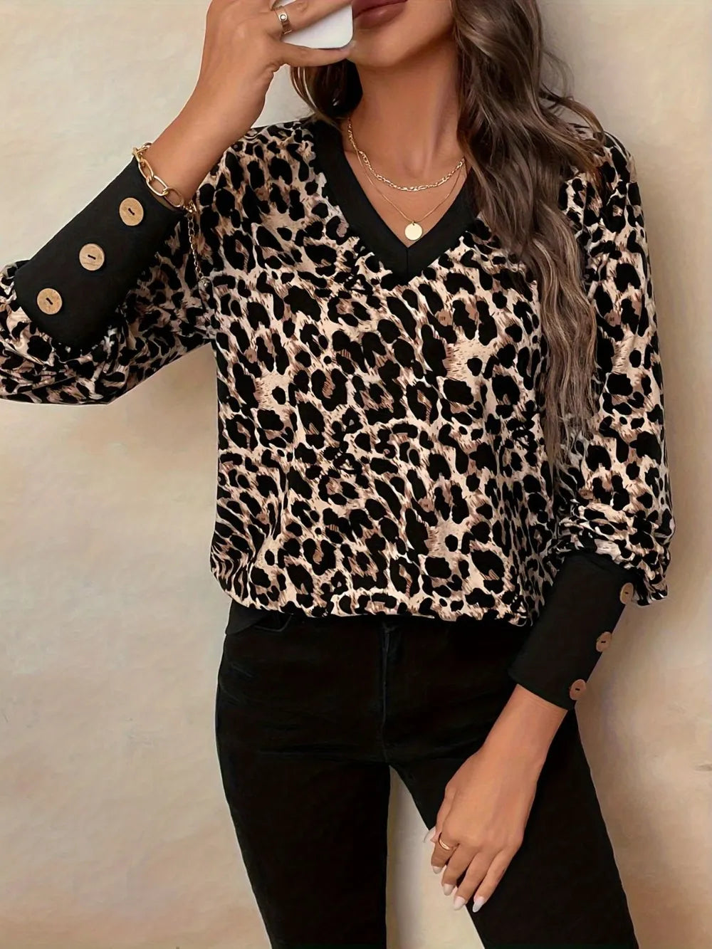 Decorative Button Leopard V-Neck Long Sleeve T-Shirt.