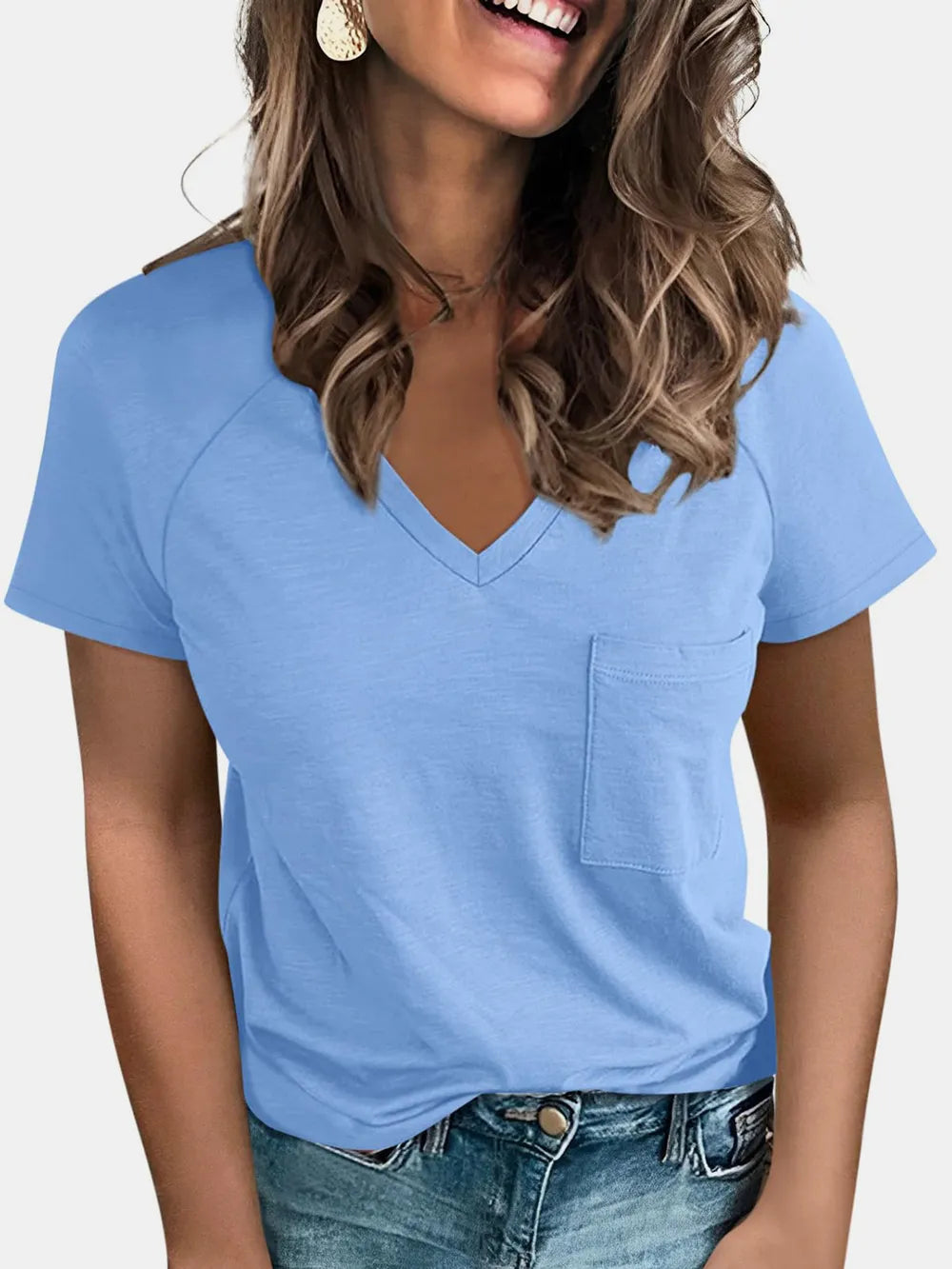 Pocketed V-Neck Short Sleeve T-Shirt.