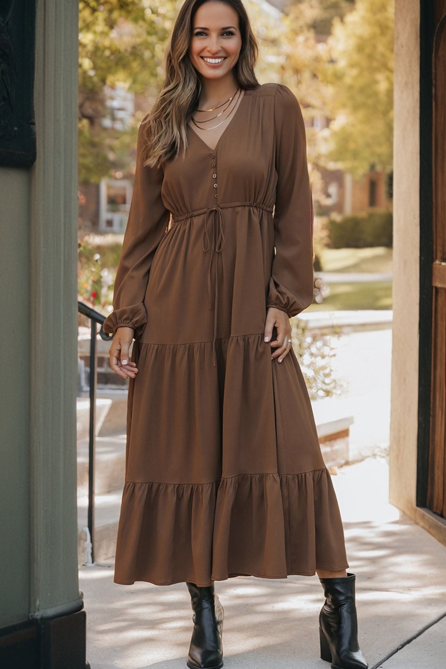 Chestnut Solid Long Sleeve Button V Neck Tiered Maxi Dress