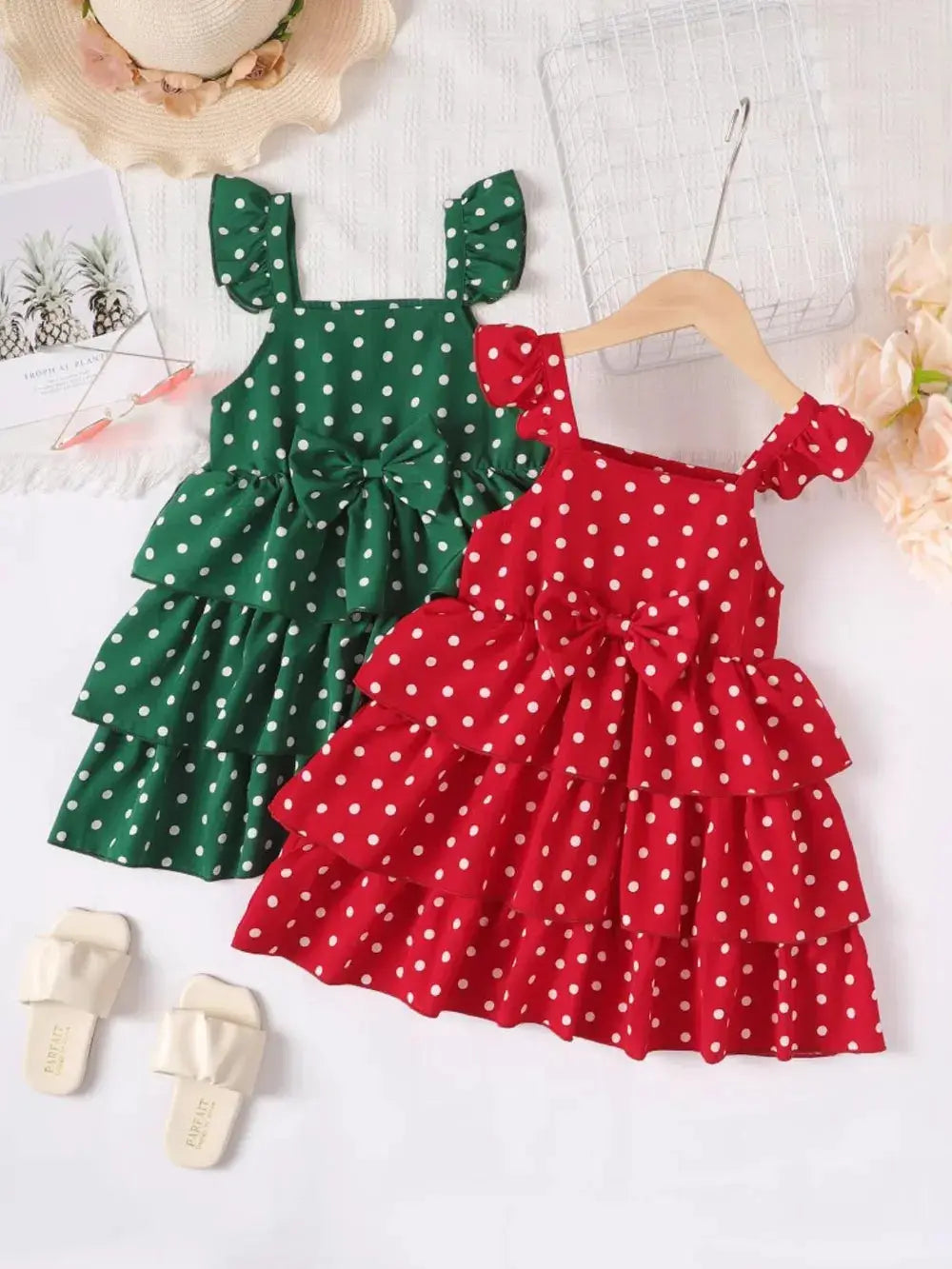 Bow Polka Dot Square Neck Layered Dress.