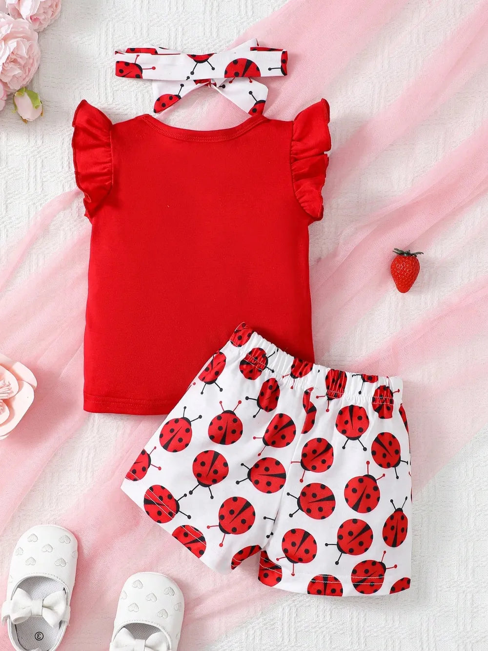 Children's Headband, Round Neck Ruffle Sleeve Top and Pants Set.