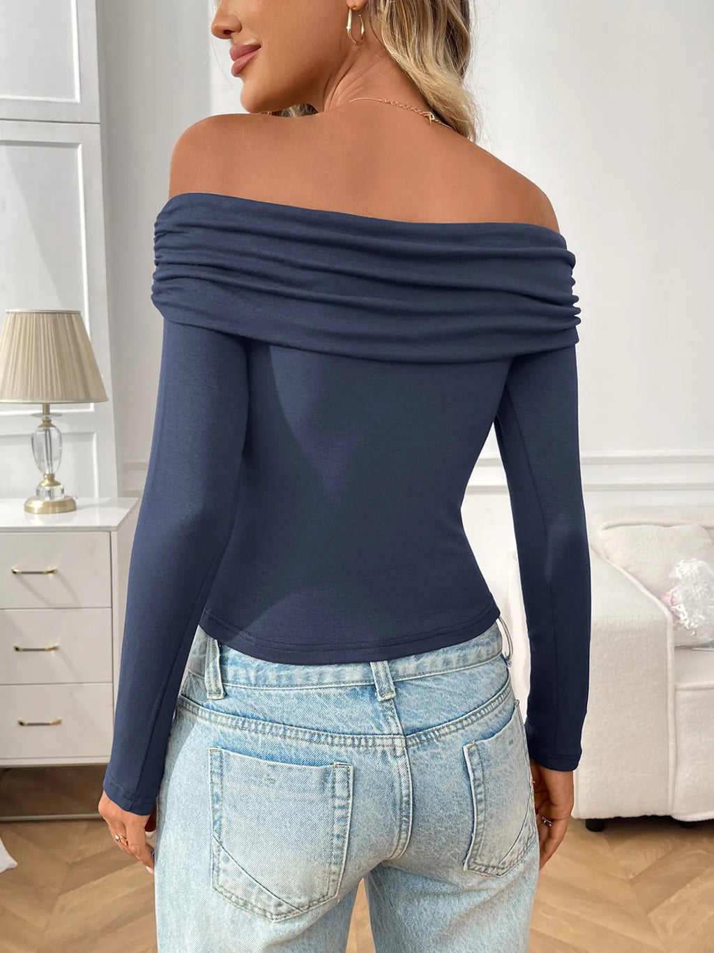 Off-Shoulder Long Sleeve Fitted T-Shirt.