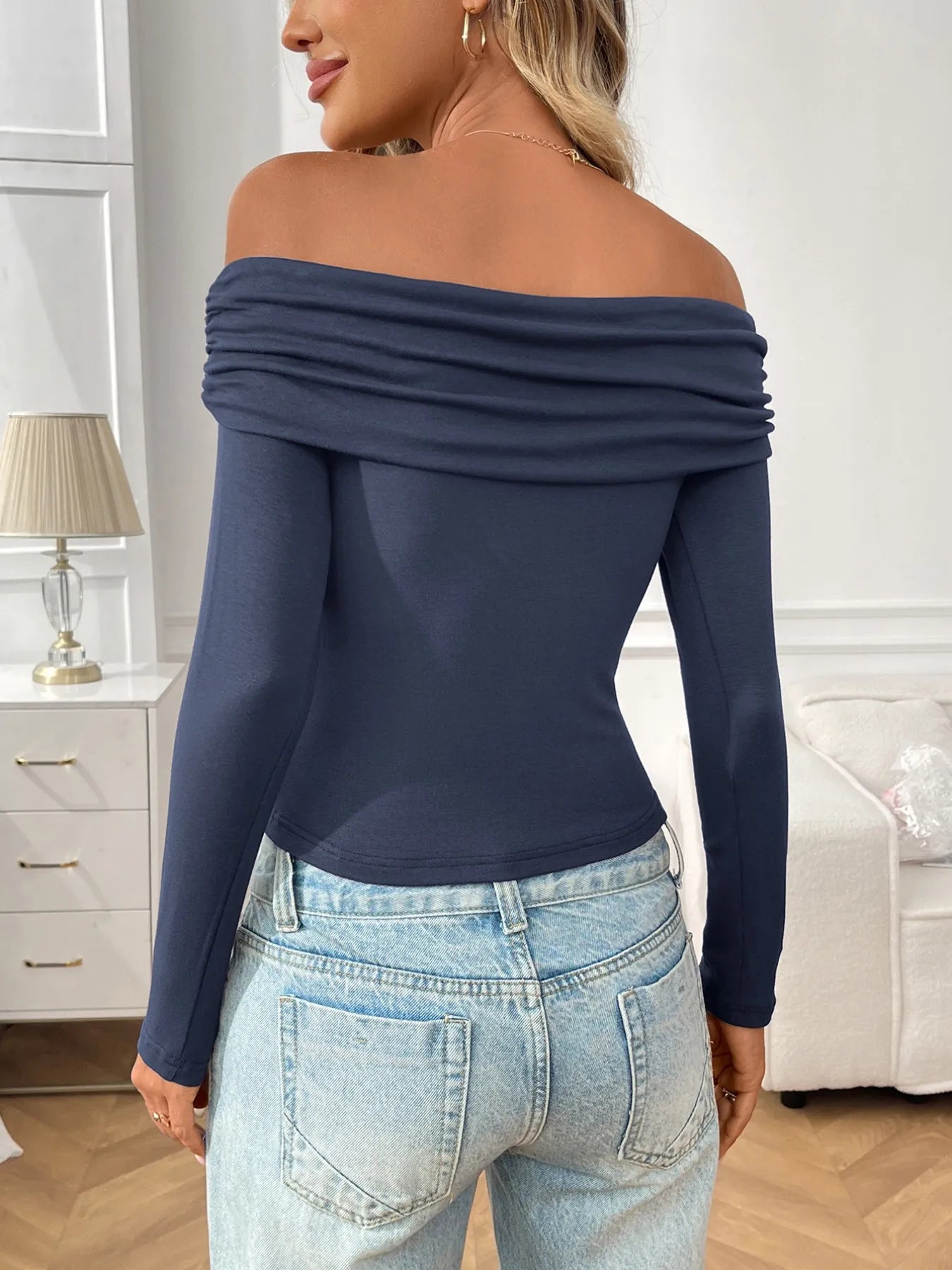 Off-Shoulder Long Sleeve Fitted T-Shirt.