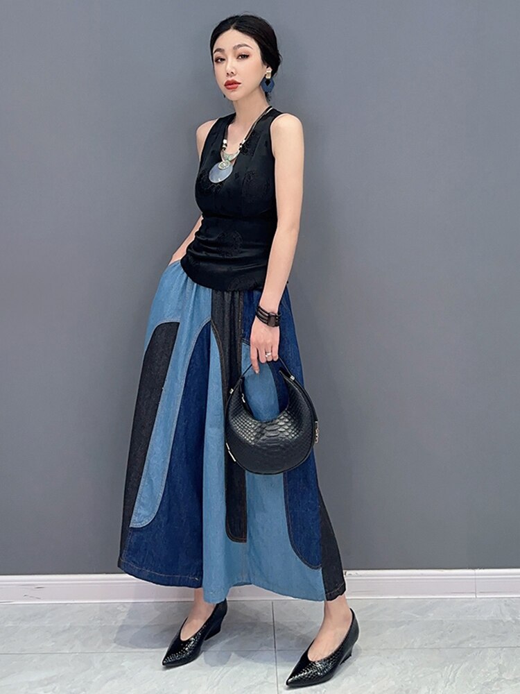 Fashion Casual Patchwork Elastic Waist Wide Leg Pants Ankle Length Pants Trendy Women Pants eprolo