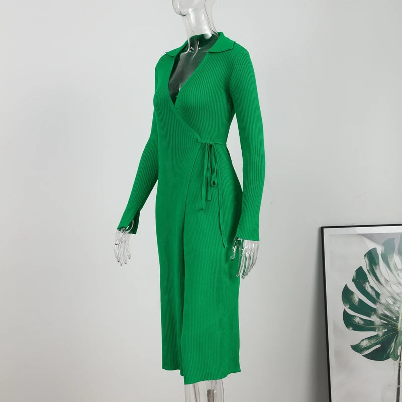 Women's V-neck Split Knitting Wrap Dress Lace Up Ribbed Polo Collar Sexy Party Dresses For Women Green Long Robe Autumn Elegant eprolo