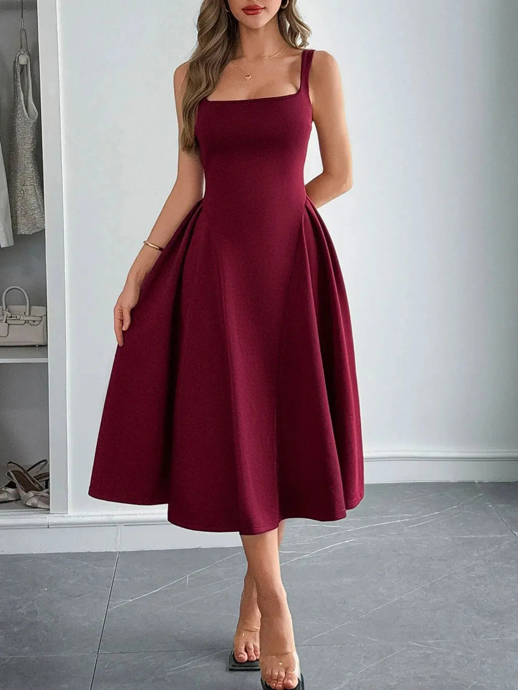 Square Neck Wide Strap Midi Dress.