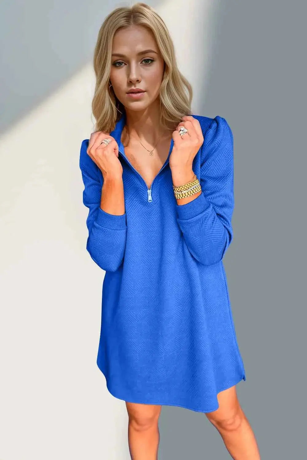 Double Take Textured Quarter Zip Long Sleeve Dress.