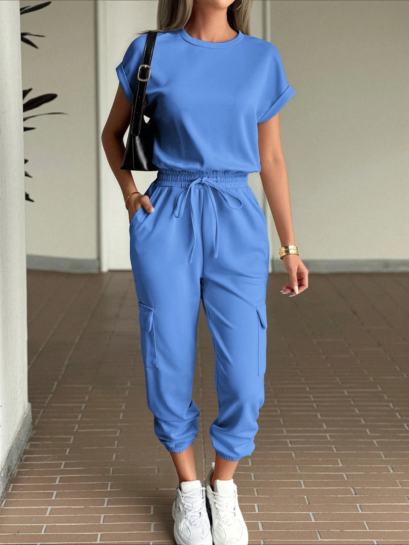 Round Neck Short Sleeve Top and Pants Set.