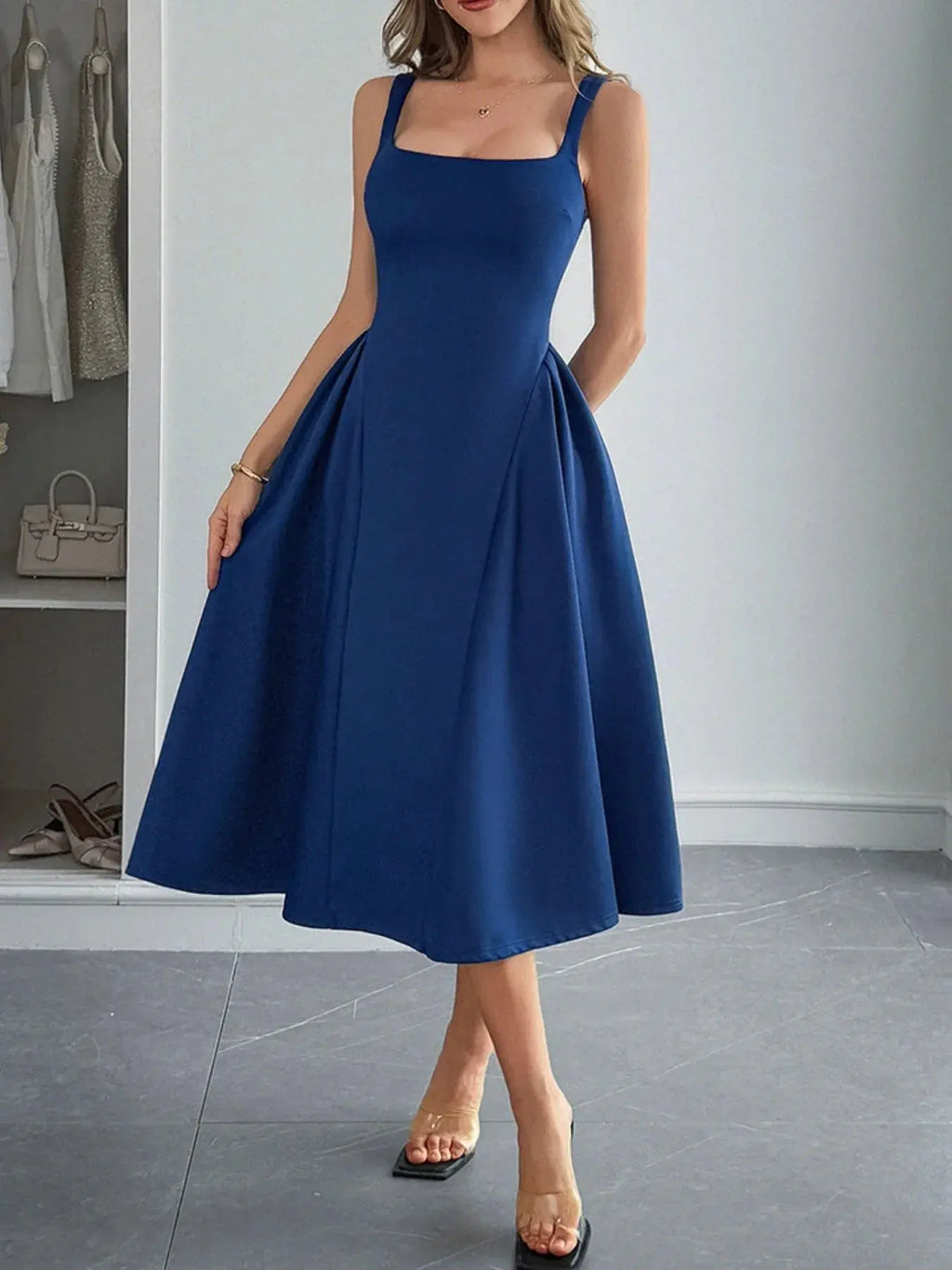 Square Neck Wide Strap Midi Dress.