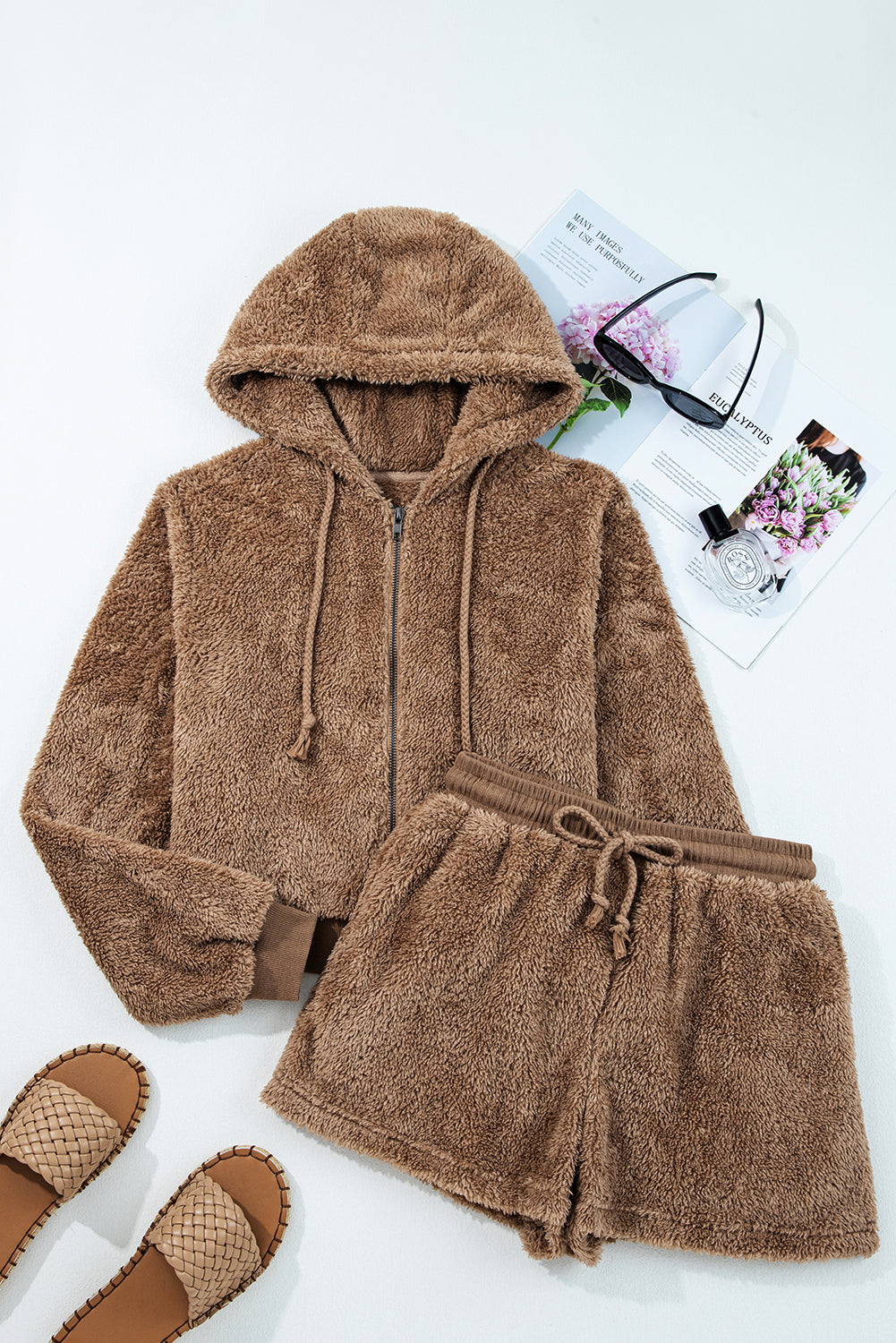 Parchment Zip Up Hoodie Drawstring Shorts Sherpa 2pcs Outfit Dear-Lover Dropshipping